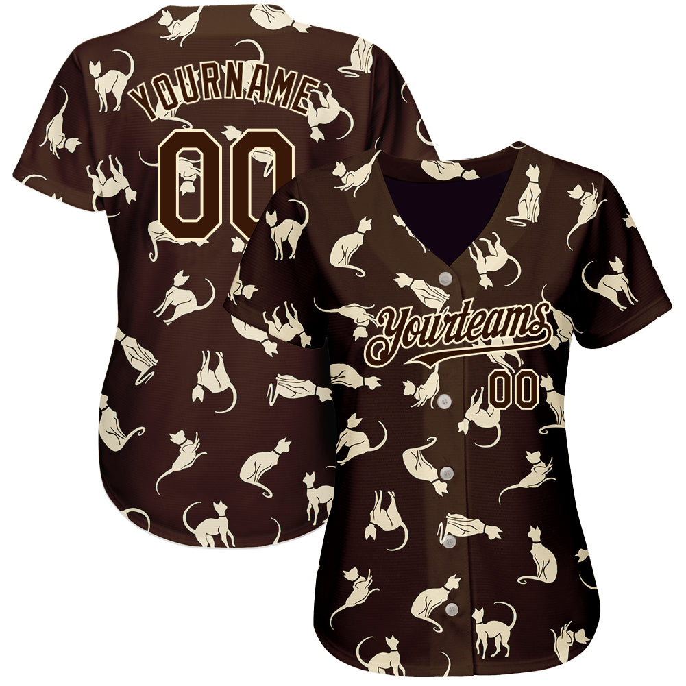 Custom Brown Cream 3D Pattern Design Cat Authentic Baseball Jersey view 2