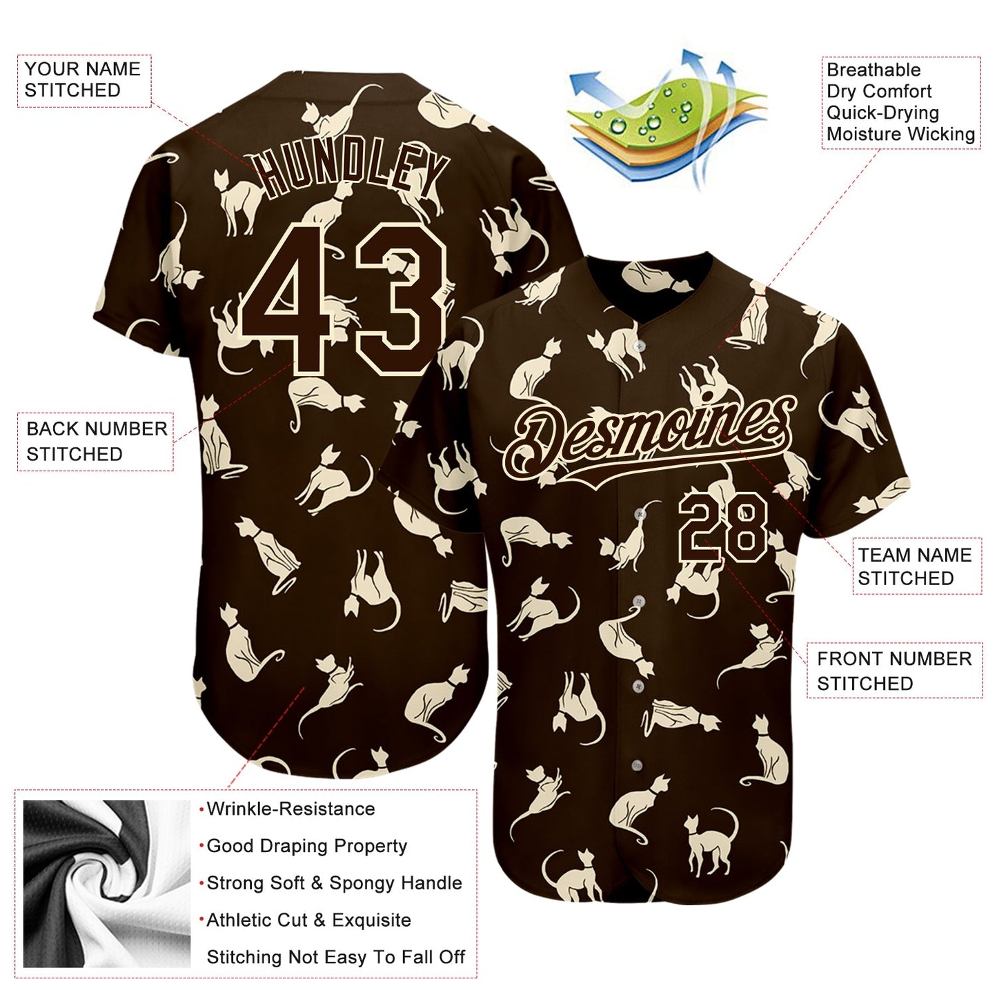 Custom Brown Cream 3D Pattern Design Cat Authentic Baseball Jersey view 3