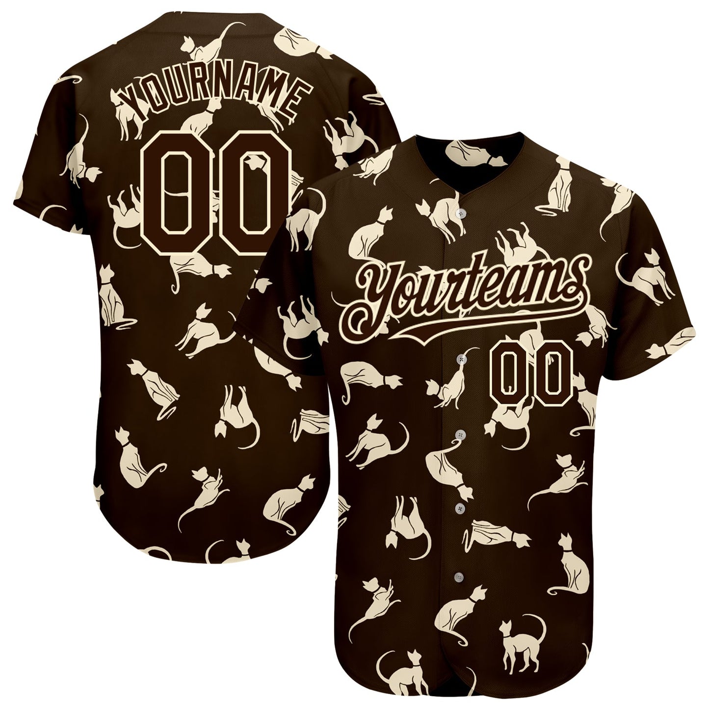 Custom Brown Cream 3D Pattern Design Cat Authentic Baseball Jersey - Main View