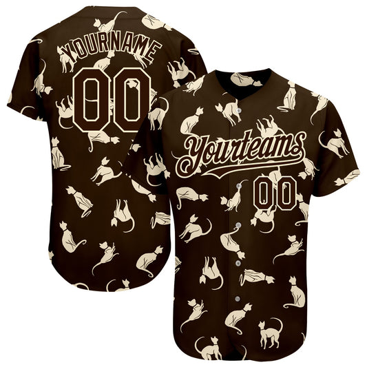 Custom Brown Cream 3D Pattern Design Cat Authentic Baseball Jersey - Main View