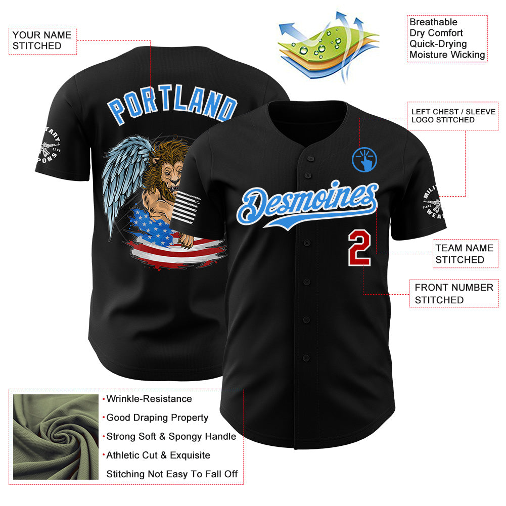 Custom Black Red White-Electric Blue USA American Flag Winged Lion Authentic Baseball Jersey view 3
