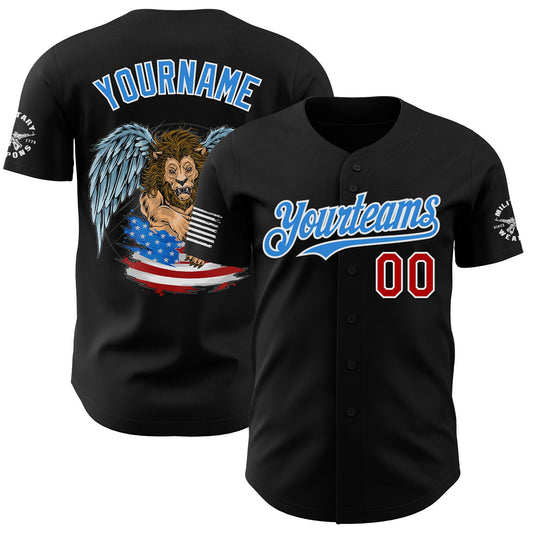 Custom Black Red White-Electric Blue USA American Flag Winged Lion Authentic Baseball Jersey - Main View
