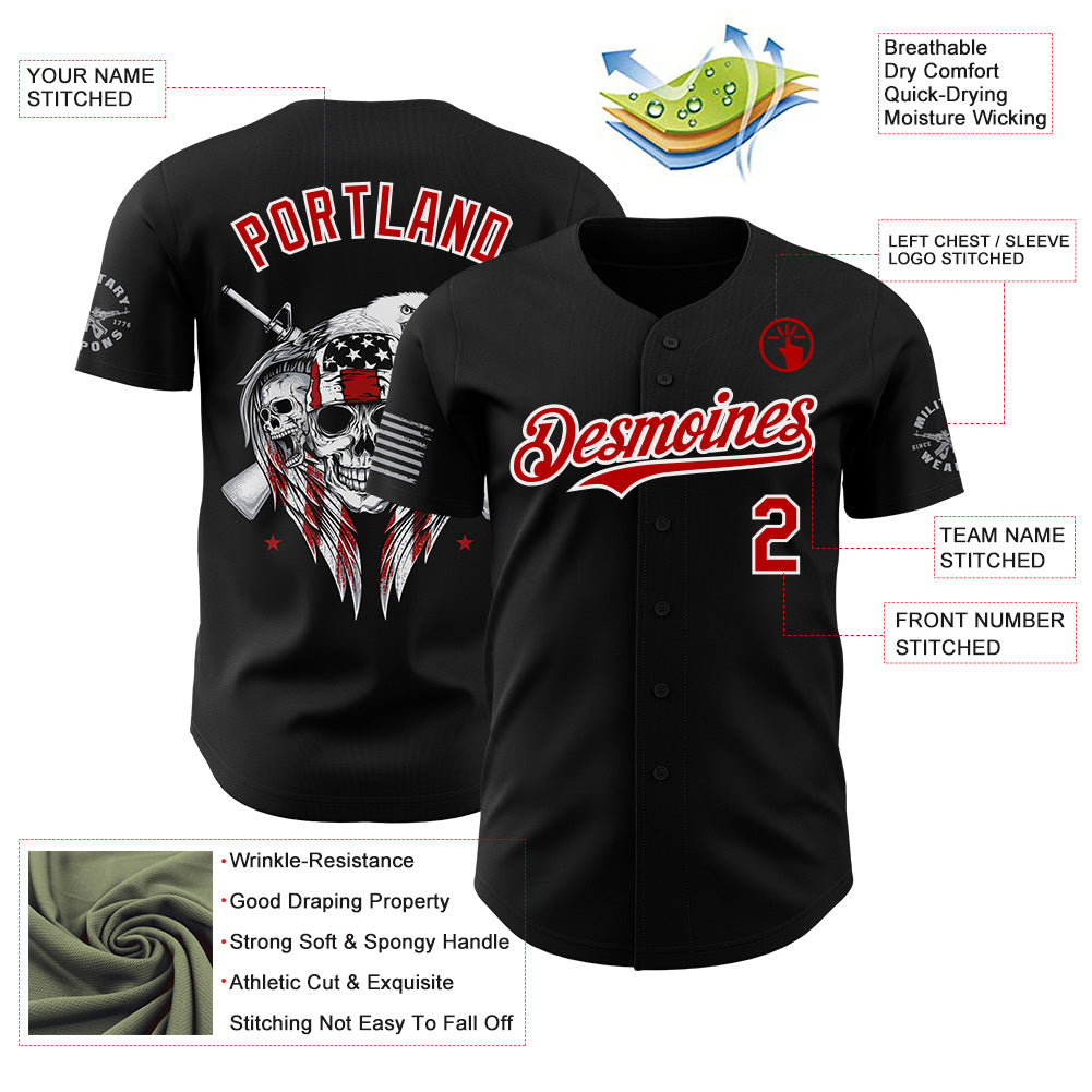 Custom Black Red-White USA American Flag Eagle Skull Authentic Baseball Jersey view 3