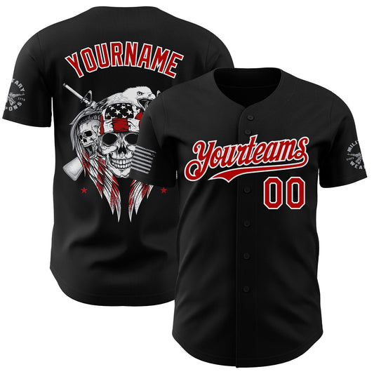 Custom Black Red-White USA American Flag Eagle Skull Authentic Baseball Jersey - Main View