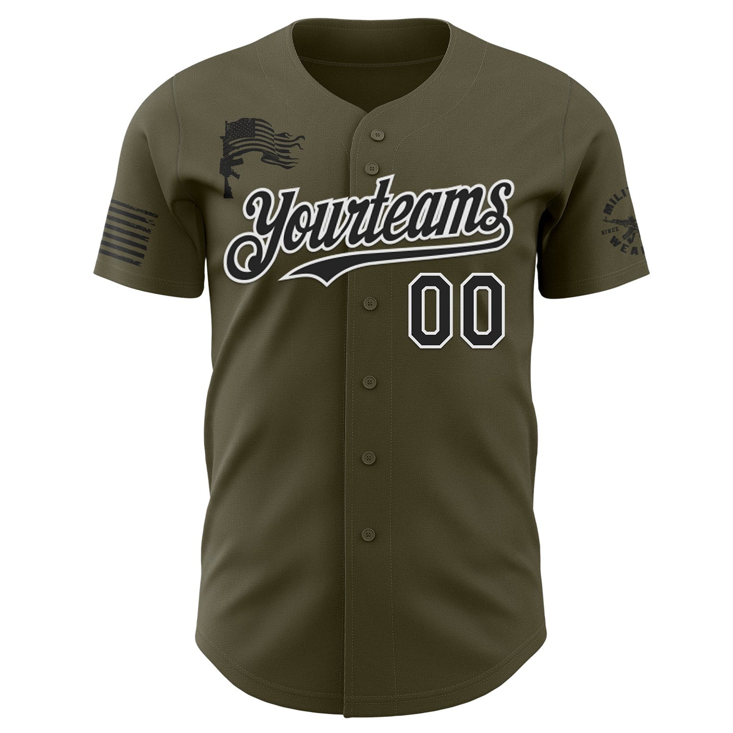 Custom Olive Black-White USA American Flag Authentic Baseball Jersey view 2