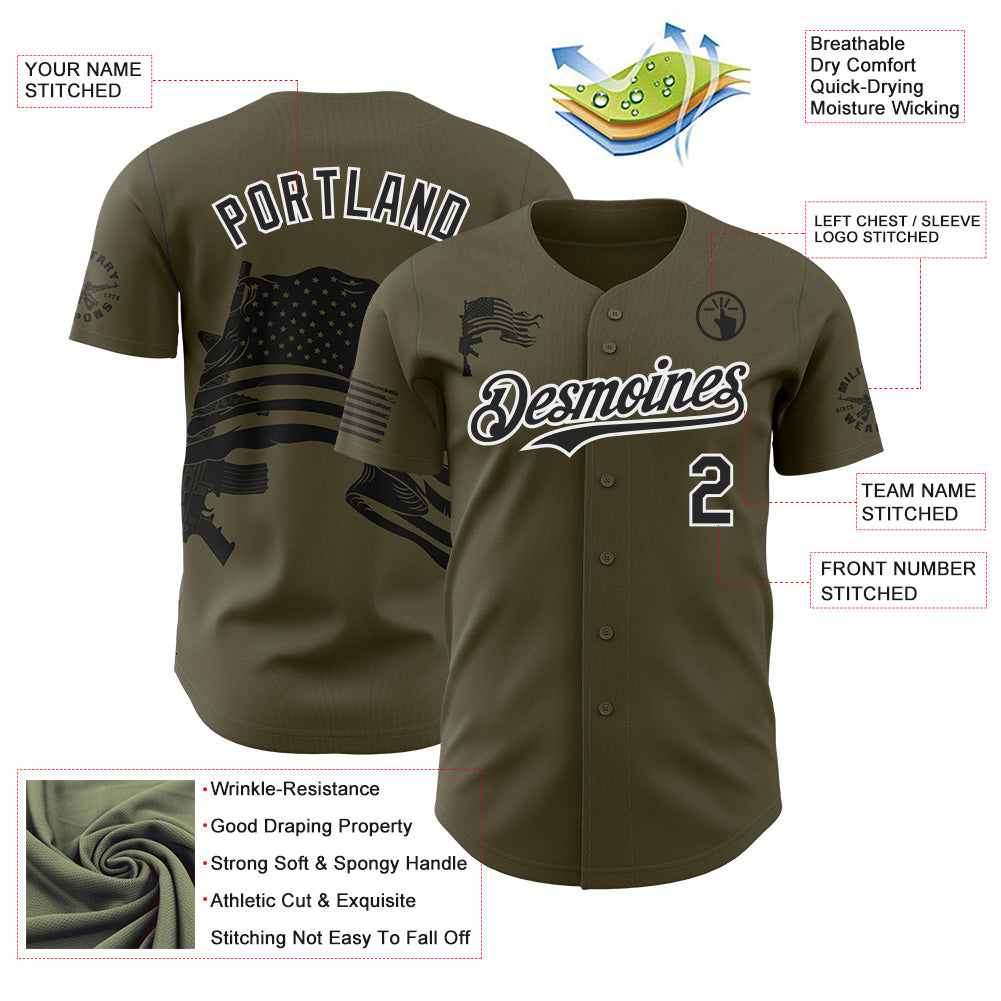 Custom Olive Black-White USA American Flag Authentic Baseball Jersey view 3
