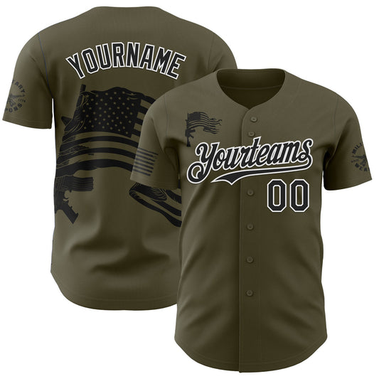 Custom Olive Black-White USA American Flag Authentic Baseball Jersey - Main View