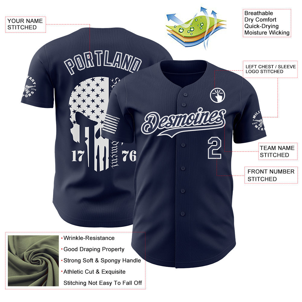 Custom Navy-White USA American Flag Tactical Military Skull Authentic Baseball Jersey view 3