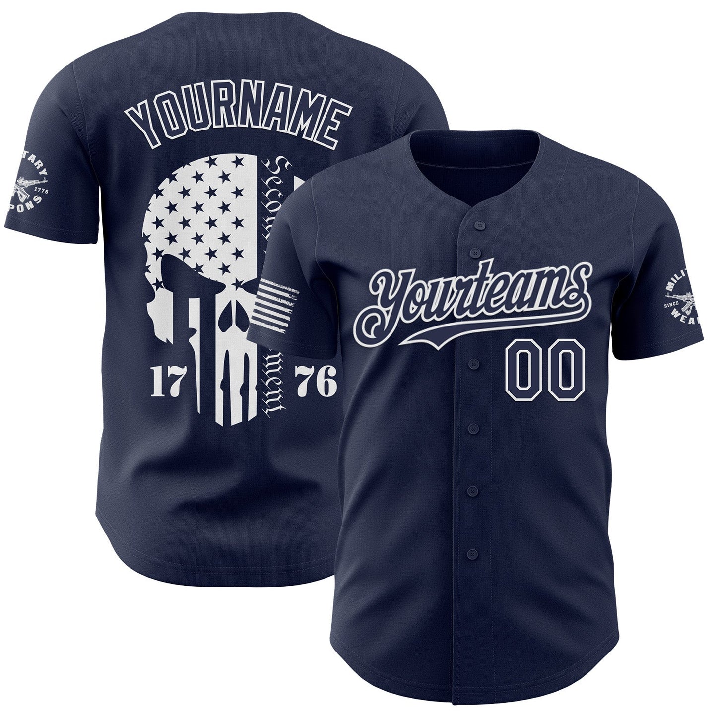 Custom Navy-White USA American Flag Tactical Military Skull Authentic Baseball Jersey - Main View