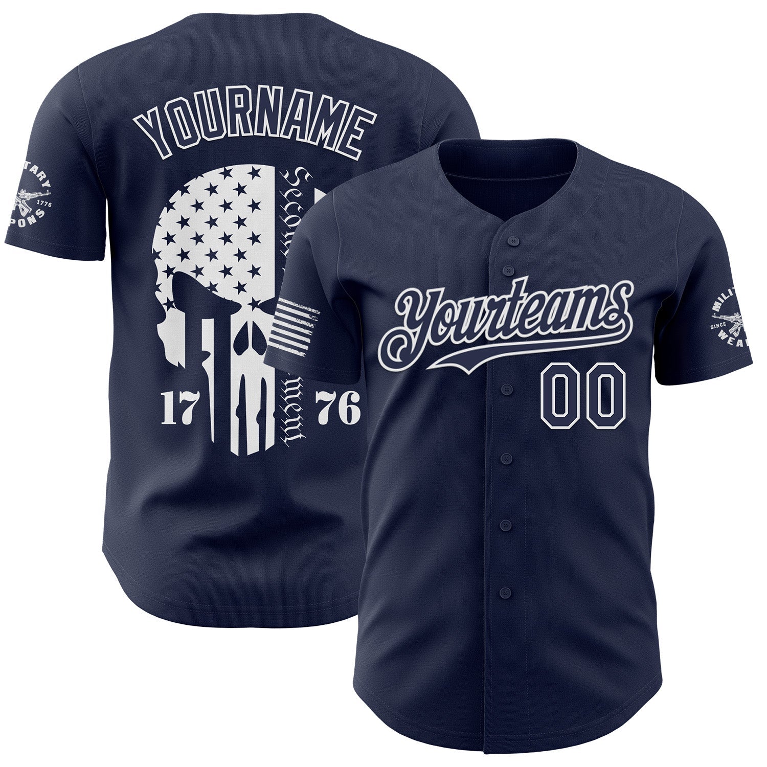 Custom Navy-White USA American Flag Tactical Military Skull Authentic Baseball Jersey - Main View