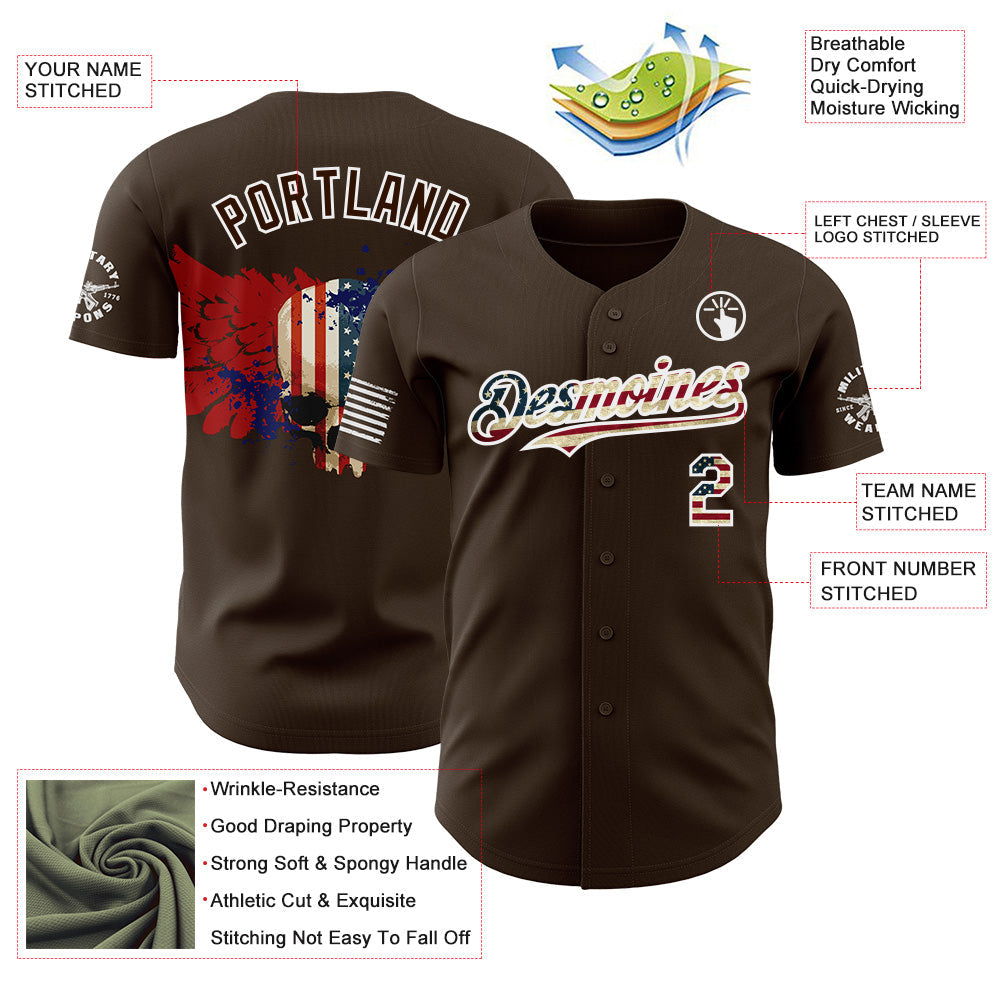 Custom Brown Vintage USA Flag-White Military Patriotic Authentic Baseball Jersey view 3