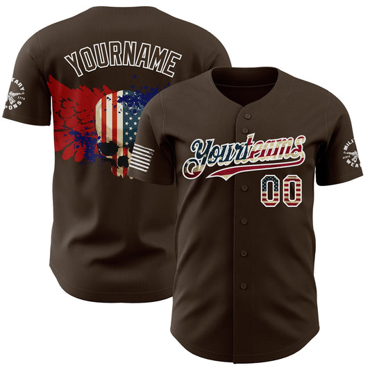 Custom Brown Vintage USA Flag-White Military Patriotic Authentic Baseball Jersey - Main View