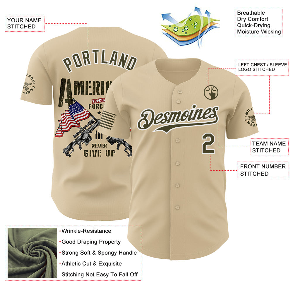 Custom City Cream Olive-White USA American Flag Tactical Military Authentic Baseball Jersey view 3