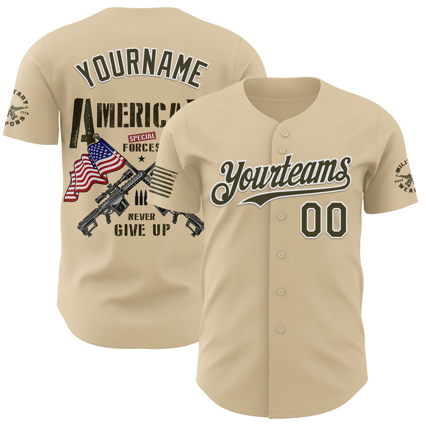 Custom City Cream Olive-White USA American Flag Tactical Military Authentic Baseball Jersey - Main View