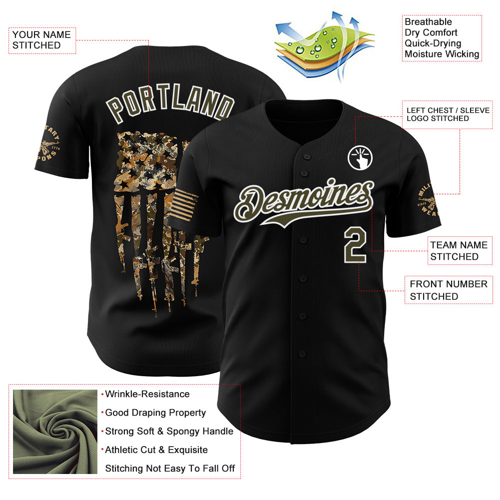 Custom Black Olive-White USA American Flag Camo Authentic Baseball Jersey view 3