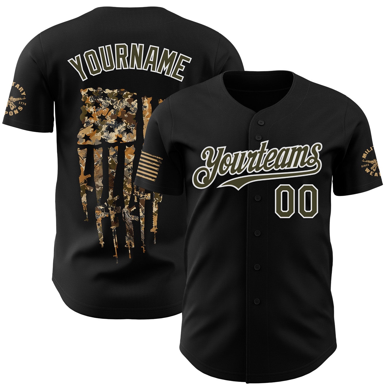 Custom Black Olive-White USA American Flag Camo Authentic Baseball Jersey - Main View