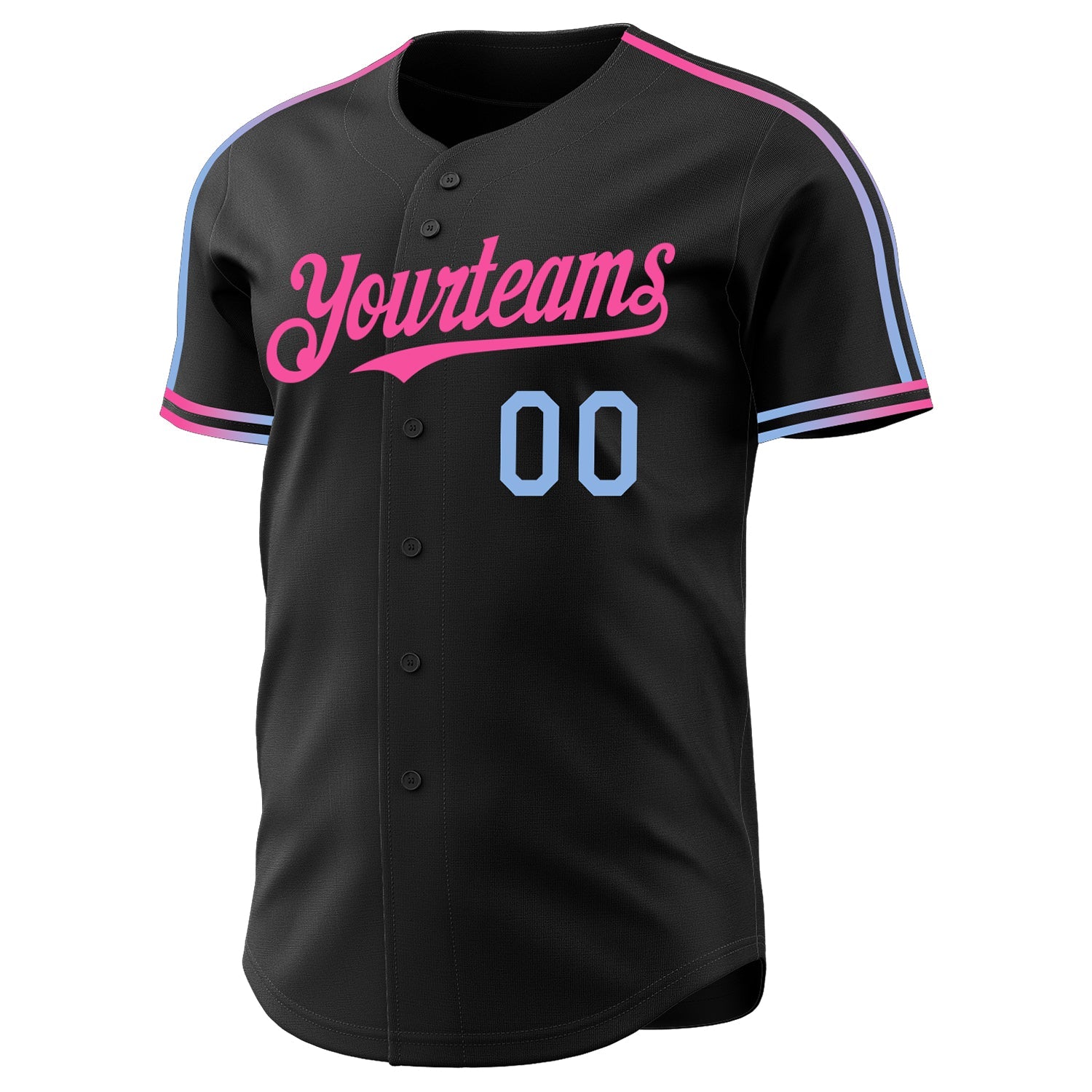 Custom Black Light Blue-Pink Raglan Line Gradient Stripe Authentic Baseball Jersey view 3