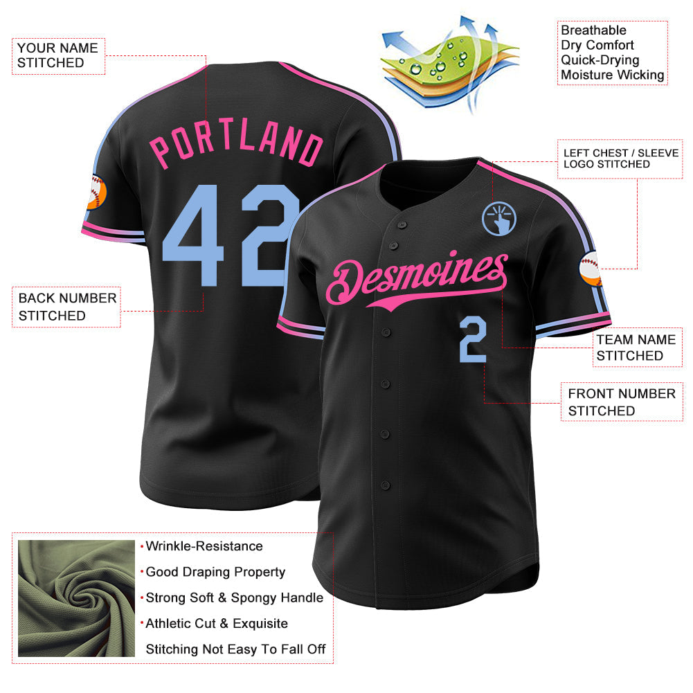 Custom Black Light Blue-Pink Raglan Line Gradient Stripe Authentic Baseball Jersey view 4