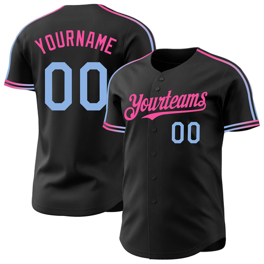 Custom Black Light Blue-Pink Raglan Line Gradient Stripe Authentic Baseball Jersey - Main View