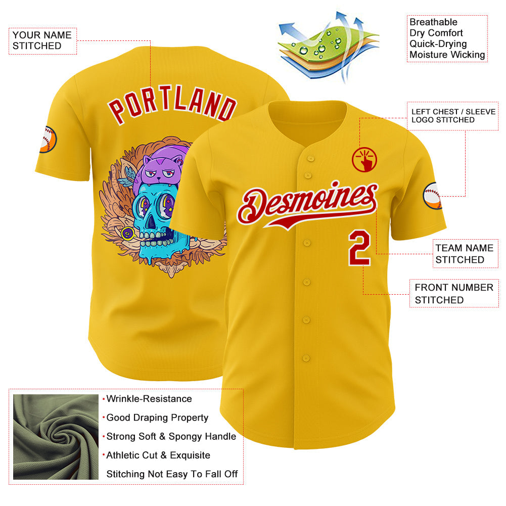 Custom Yellow Red-White Funky Cartoon Skull Cat Authentic Baseball Jersey view 3