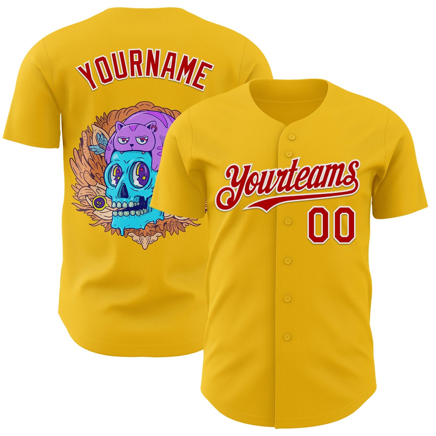 Custom Yellow Red-White Funky Cartoon Skull Cat Authentic Baseball Jersey - Main View