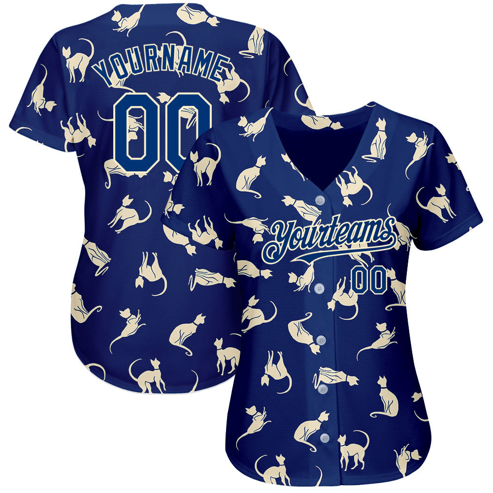 Custom US Navy Blue Cream 3D Pattern Design Cat Authentic Baseball Jersey view 2