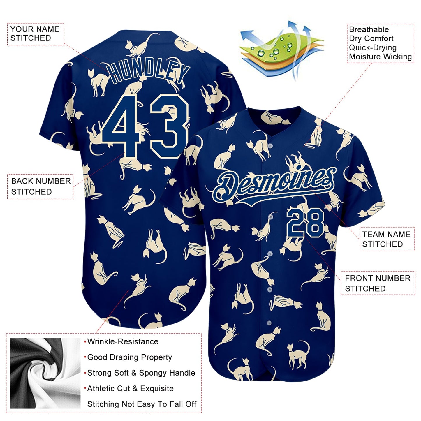 Custom US Navy Blue Cream 3D Pattern Design Cat Authentic Baseball Jersey view 3