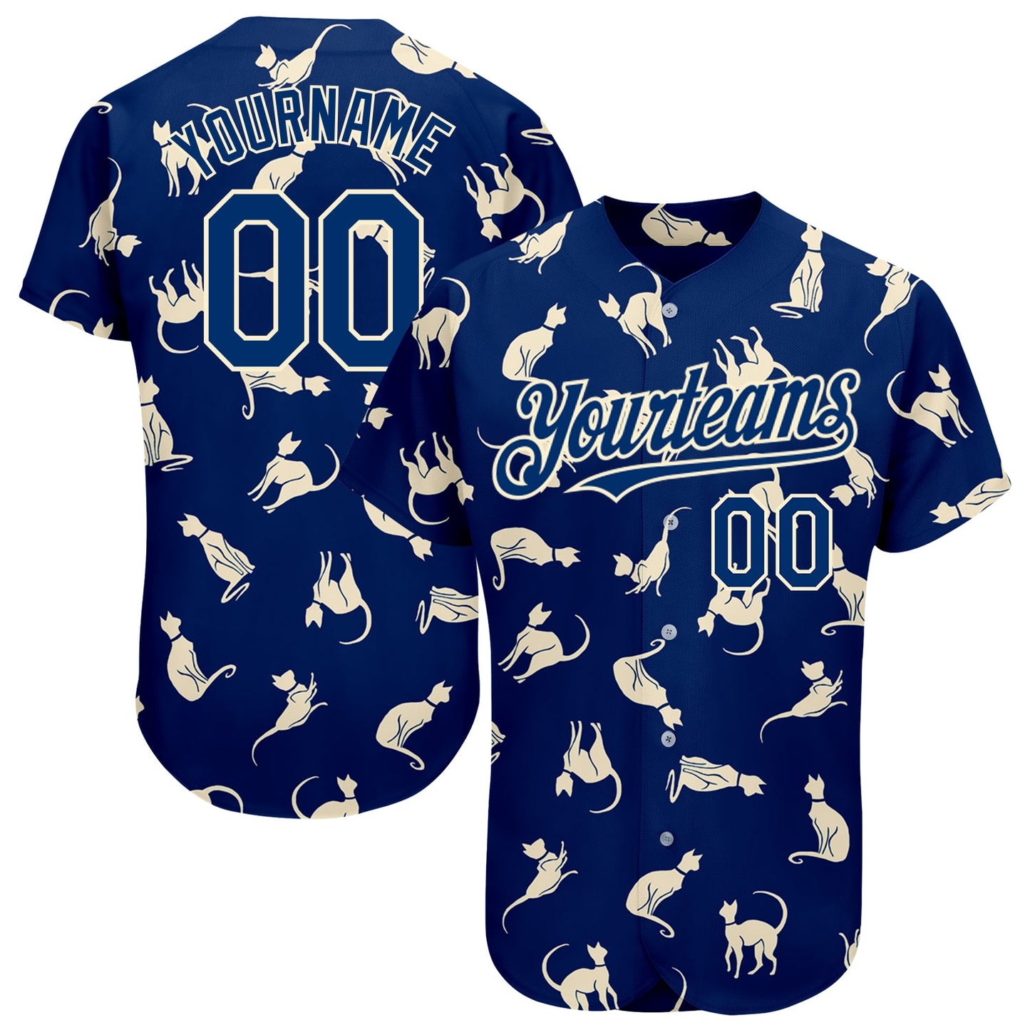 Custom US Navy Blue Cream 3D Pattern Design Cat Authentic Baseball Jersey - Main View