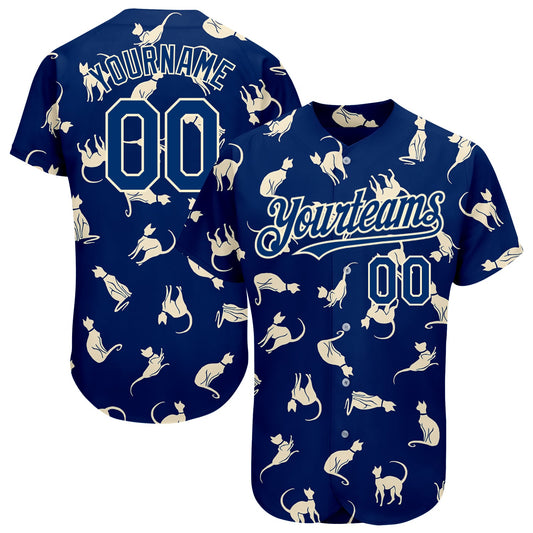 Custom US Navy Blue Cream 3D Pattern Design Cat Authentic Baseball Jersey - Main View