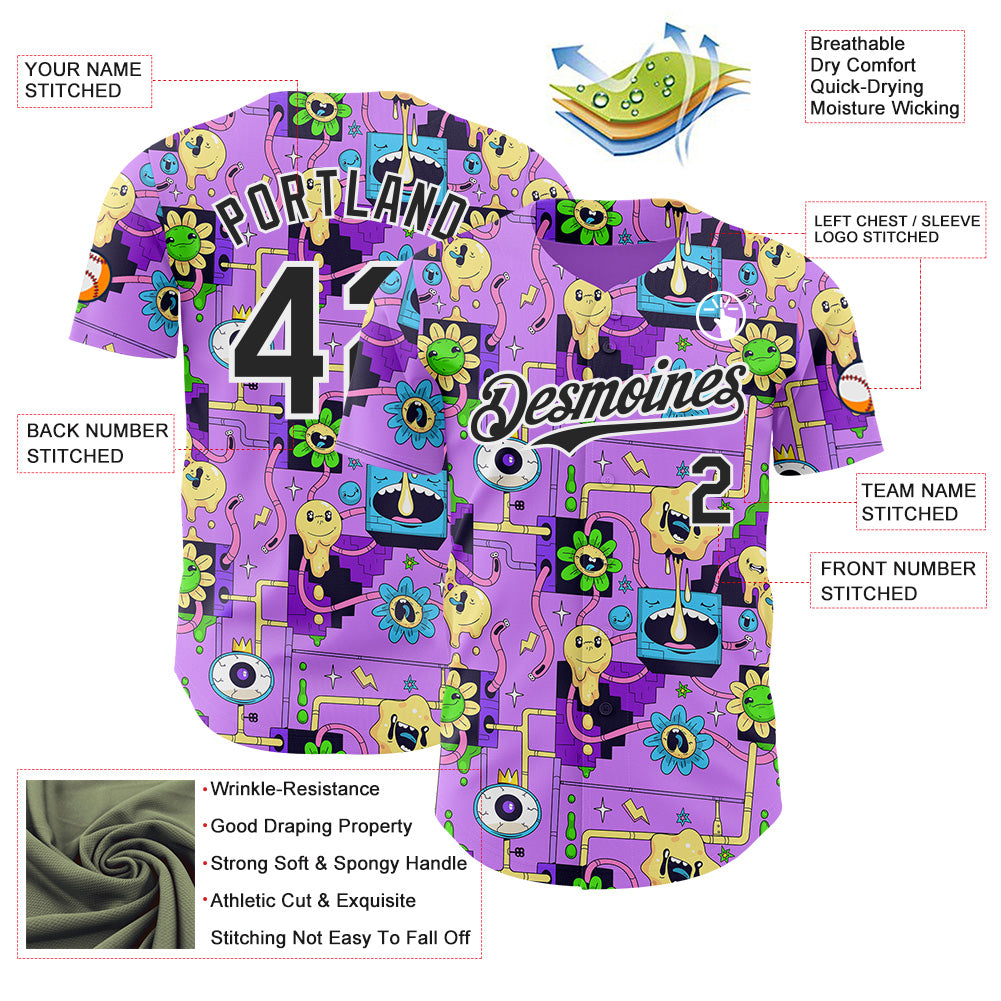 Custom Purple Black-White Psychedelic Trippy Smile Authentic Baseball Jersey view 3