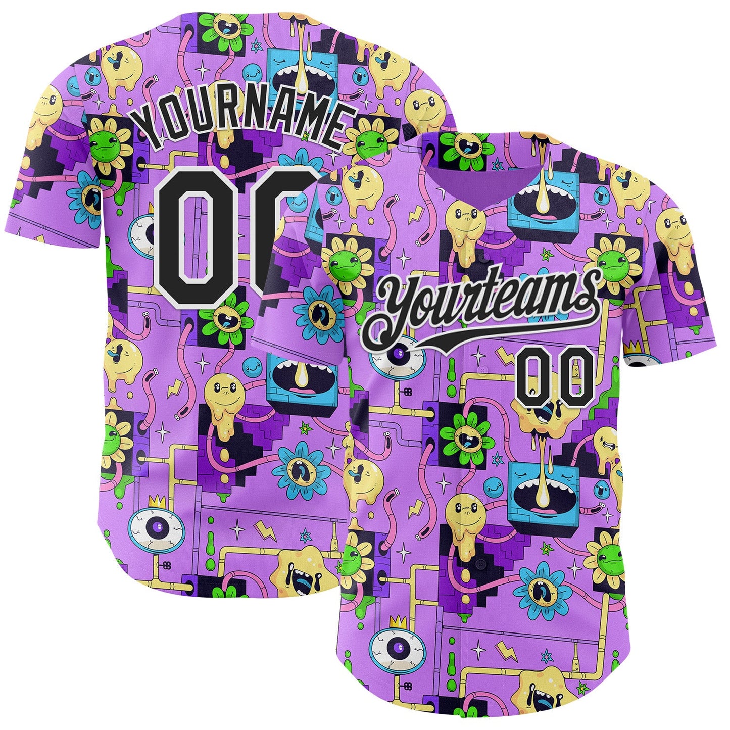 Custom Purple Black-White Psychedelic Trippy Smile Authentic Baseball Jersey - Main View