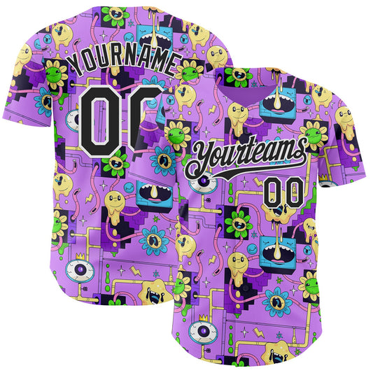 Custom Purple Black-White Psychedelic Trippy Smile Authentic Baseball Jersey - Main View