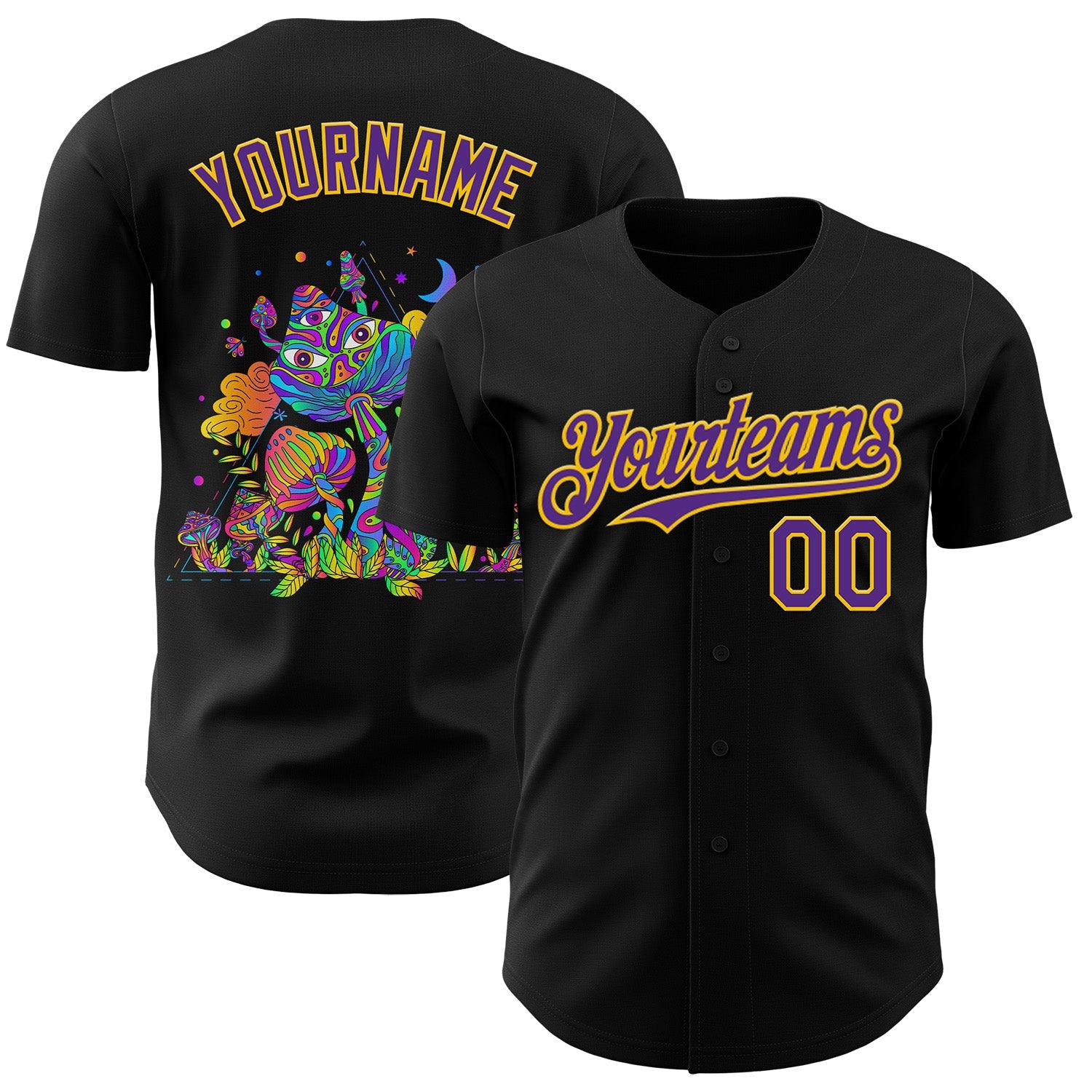 Custom Black Purple-Yellow Psychedelic Neon Trippy Mushroom Authentic Baseball Jersey - Main View