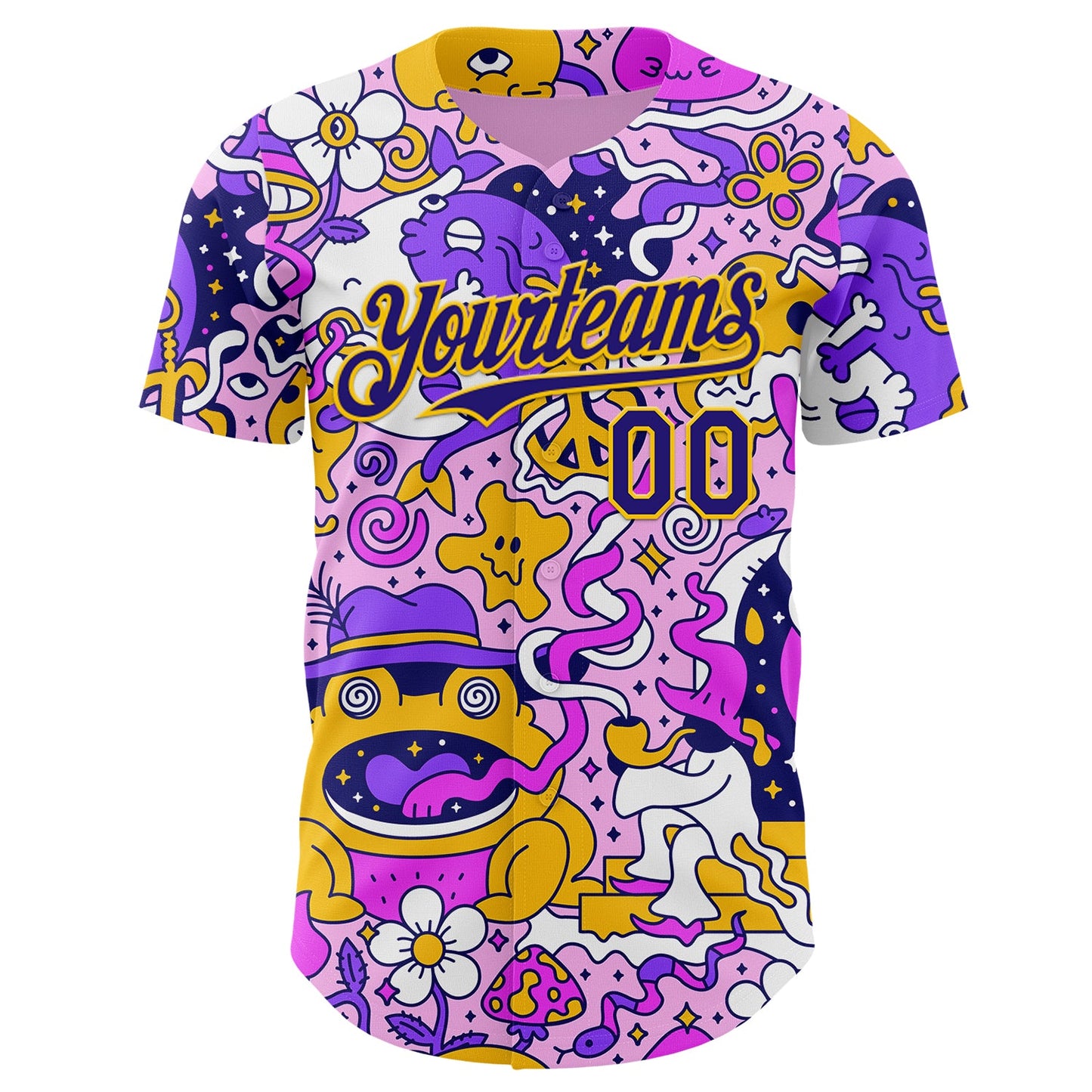 Custom Purple Dark Purple-Yellow Psychedelic Trippy Mushroom Doodle Frog & Ghost Authentic Baseball Jersey view 2