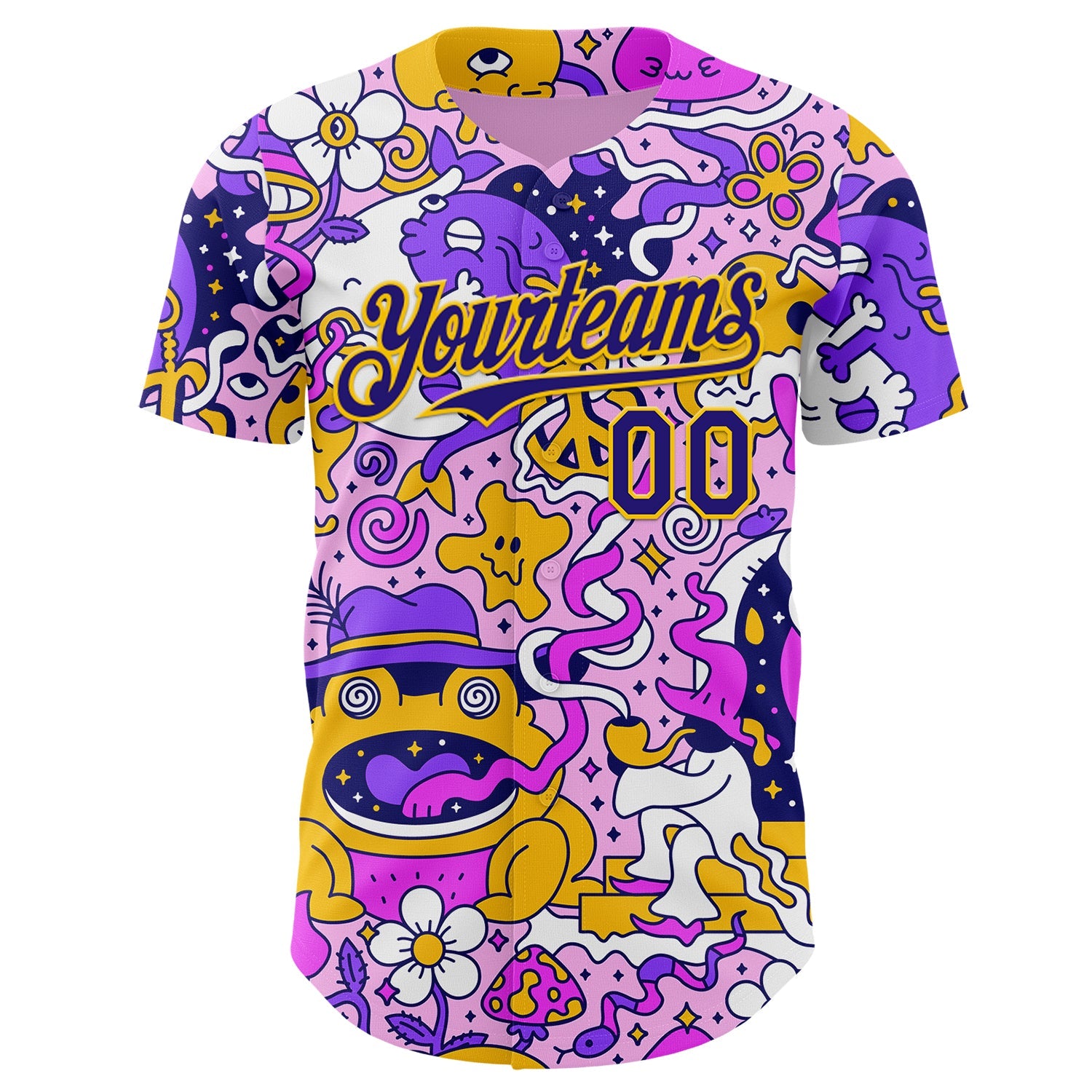 Custom Purple Dark Purple-Yellow Psychedelic Trippy Mushroom Doodle Frog & Ghost Authentic Baseball Jersey view 2