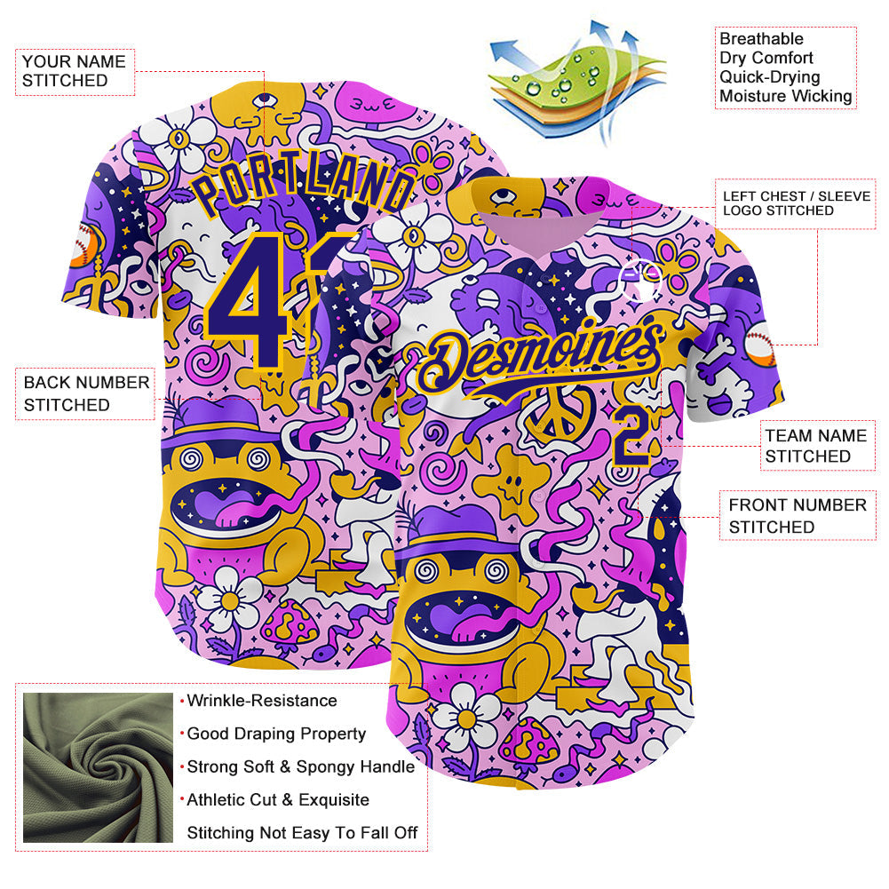 Custom Purple Dark Purple-Yellow Psychedelic Trippy Mushroom Doodle Frog & Ghost Authentic Baseball Jersey view 3