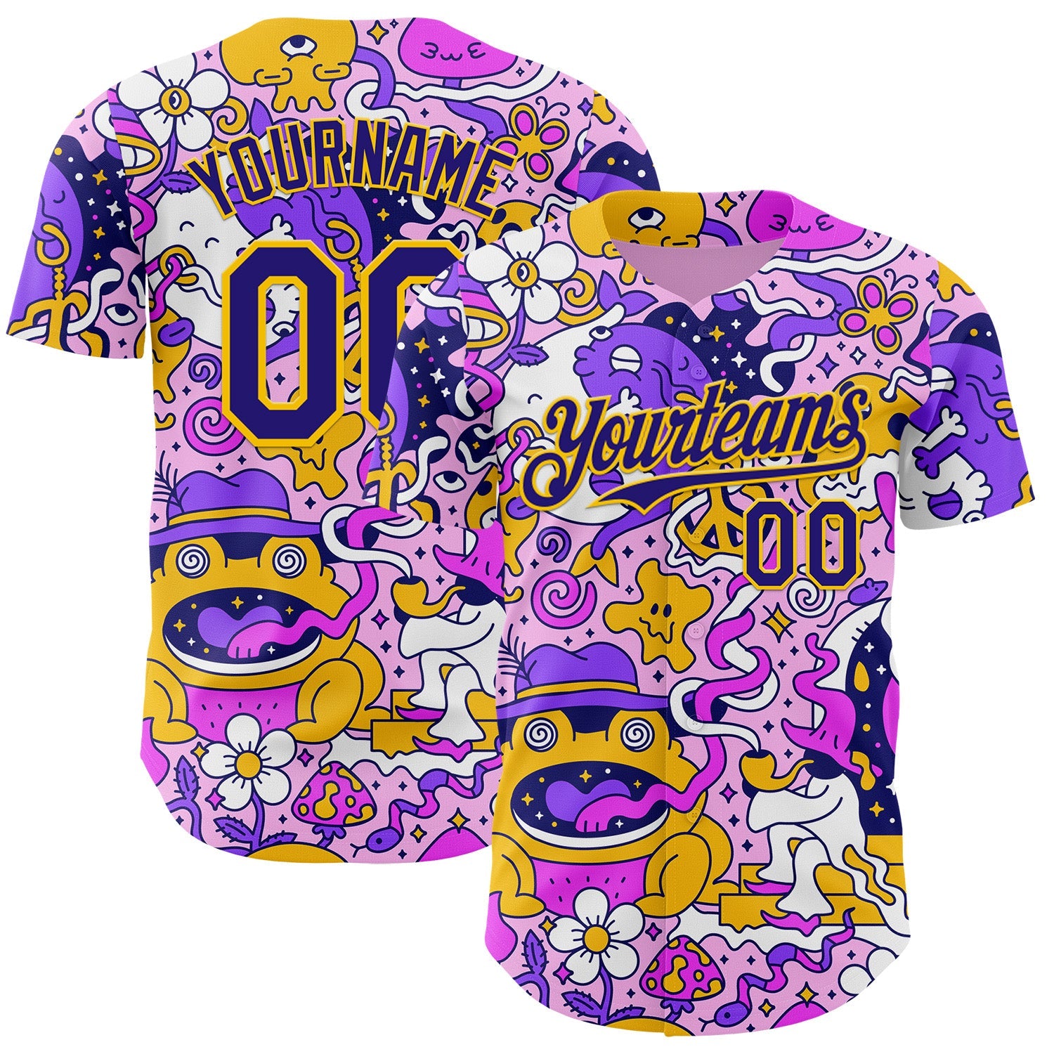 Custom Purple Dark Purple-Yellow Psychedelic Trippy Mushroom Doodle Frog & Ghost Authentic Baseball Jersey - Main View