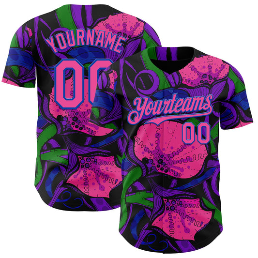 Custom Black Pink-Thunder Blue Psychedelic Trippy Exotic Floral Authentic Baseball Jersey - Main View
