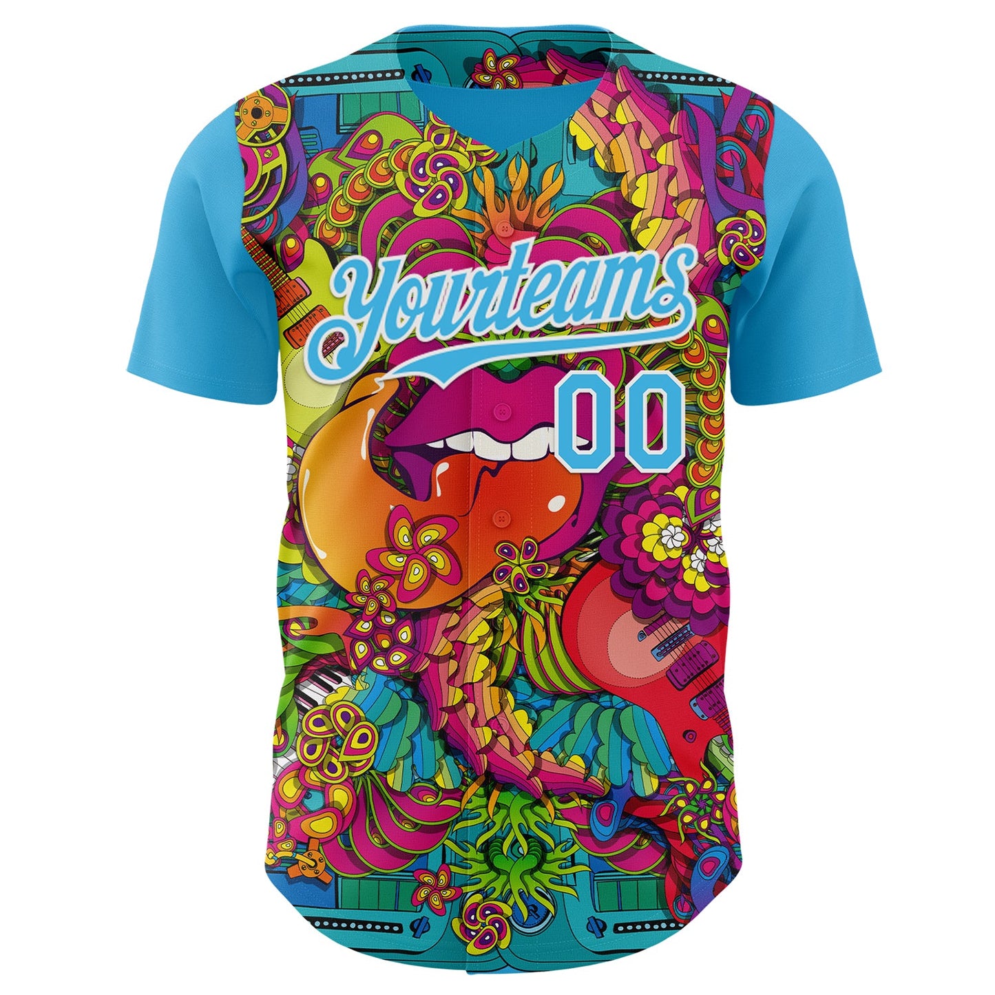 Custom Sky Blue-White Psychedelic Trippy Exotic Floral Authentic Baseball Jersey view 2