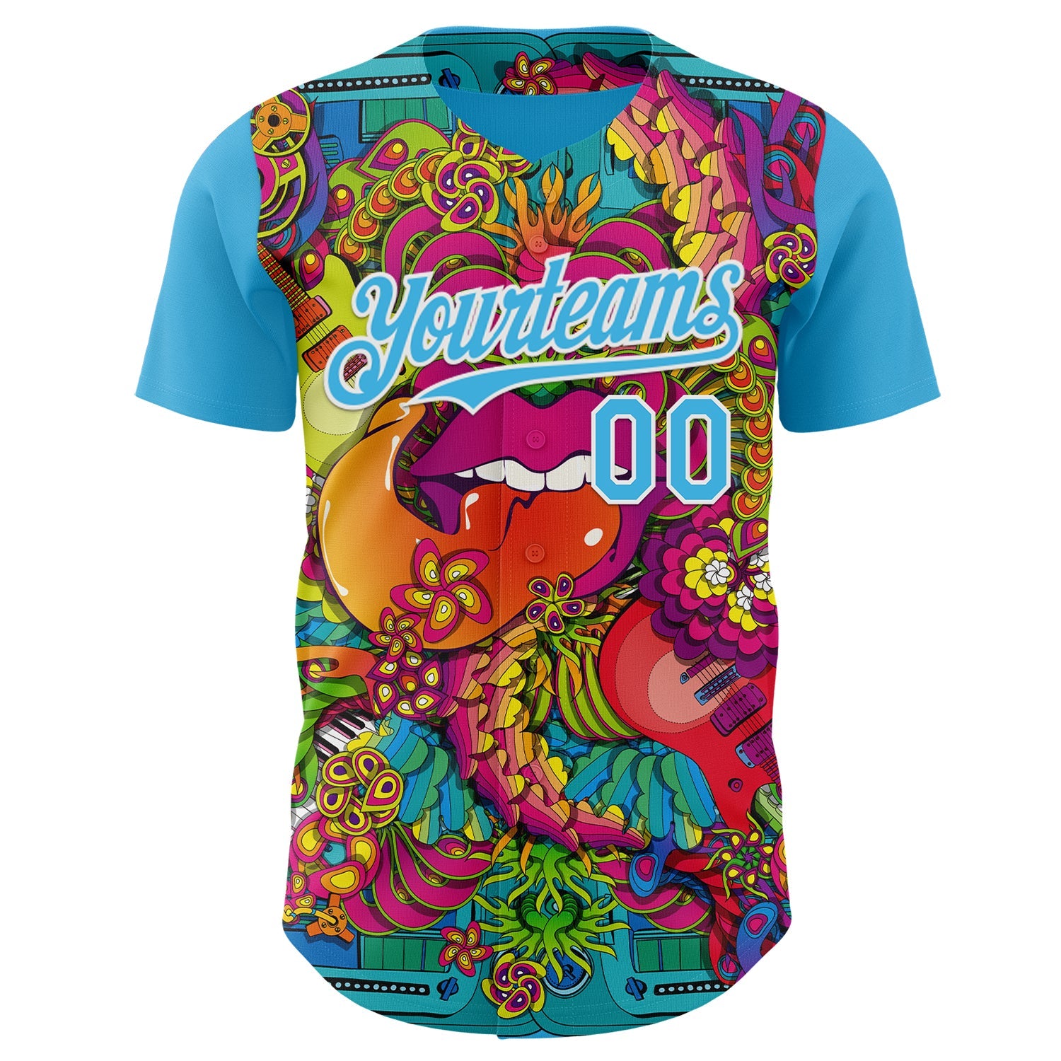 Custom Sky Blue-White Psychedelic Trippy Exotic Floral Authentic Baseball Jersey view 2