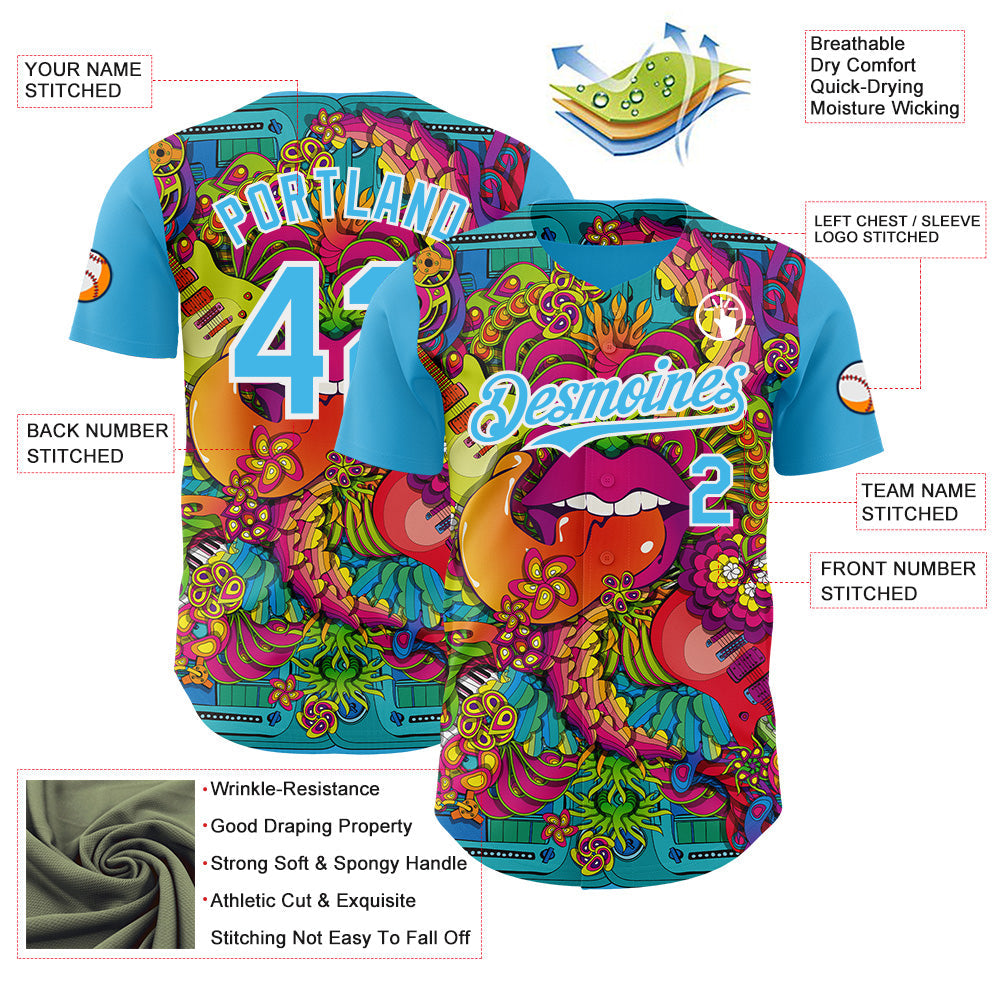 Custom Sky Blue-White Psychedelic Trippy Exotic Floral Authentic Baseball Jersey view 3