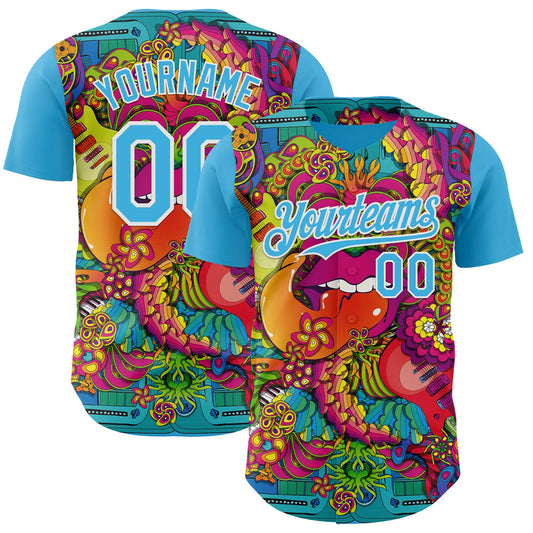 Custom Sky Blue-White Psychedelic Trippy Exotic Floral Authentic Baseball Jersey - Main View