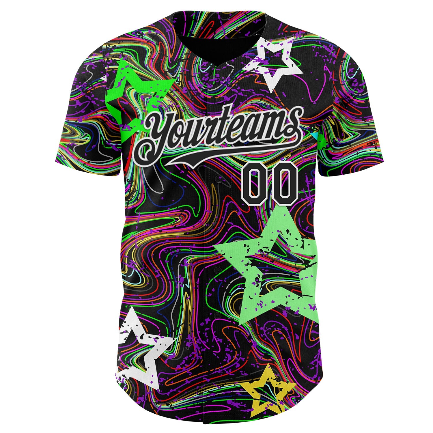 Custom Black-White Psychedelic Trippy Swirl Neon Star Authentic Baseball Jersey view 2