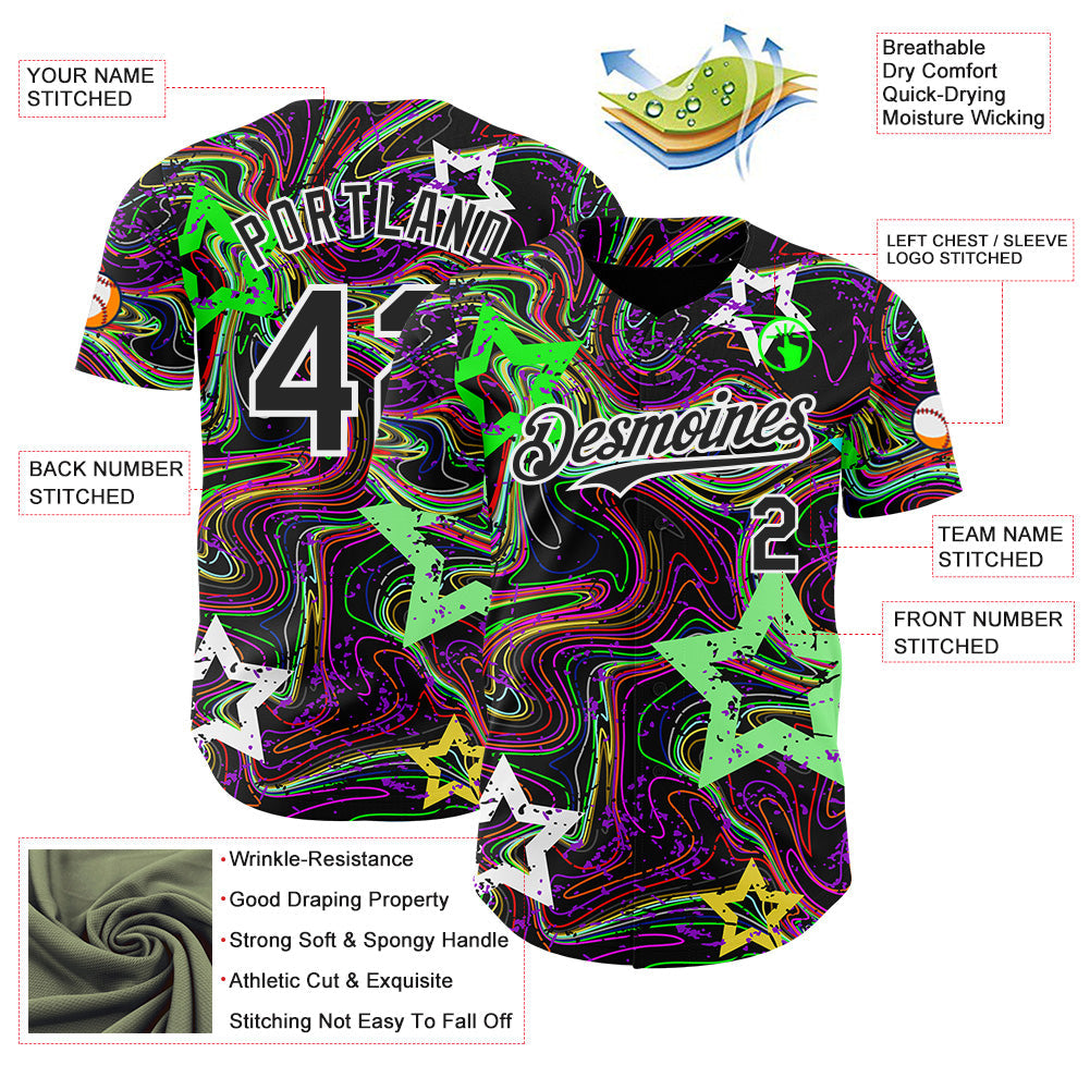 Custom Black-White Psychedelic Trippy Swirl Neon Star Authentic Baseball Jersey view 3