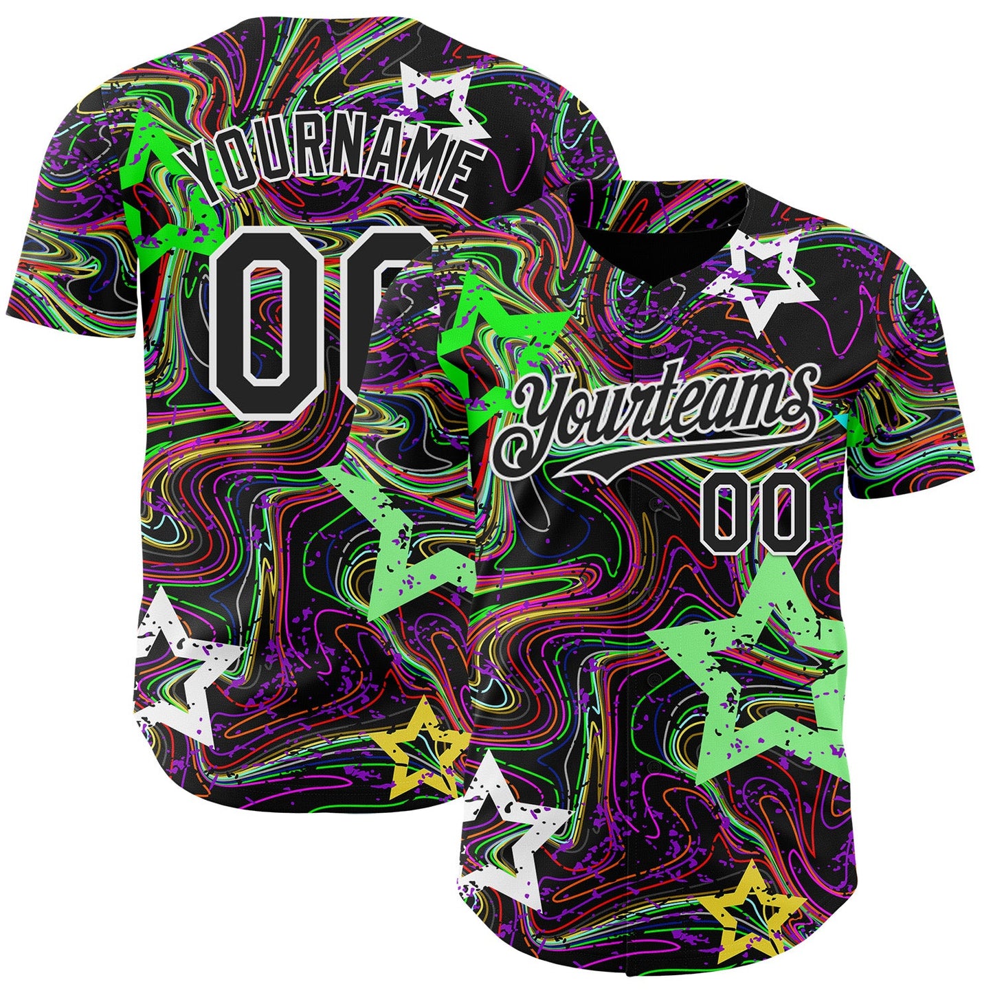 Custom Black-White Psychedelic Trippy Swirl Neon Star Authentic Baseball Jersey - Main View