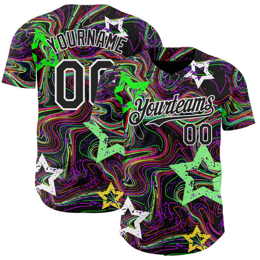 Custom Black-White Psychedelic Trippy Swirl Neon Star Authentic Baseball Jersey - Main View
