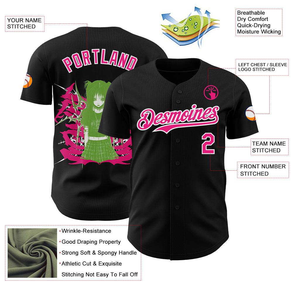 Custom Black Hot Pink-White Psychedelic Trippy Cyber Y2K Emo Goth Anime Authentic Baseball Jersey view 3