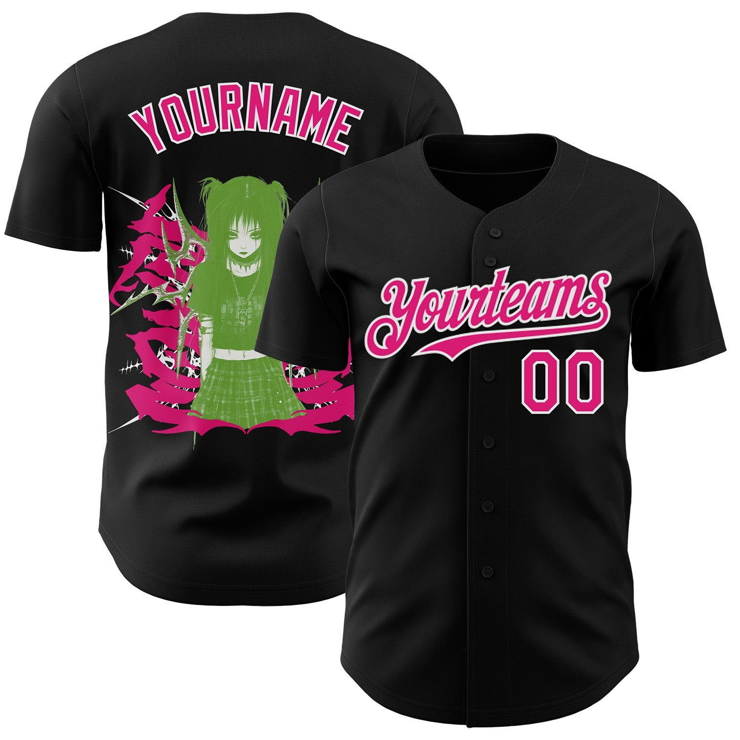Custom Black Hot Pink-White Psychedelic Trippy Cyber Y2K Emo Goth Anime Authentic Baseball Jersey - Main View