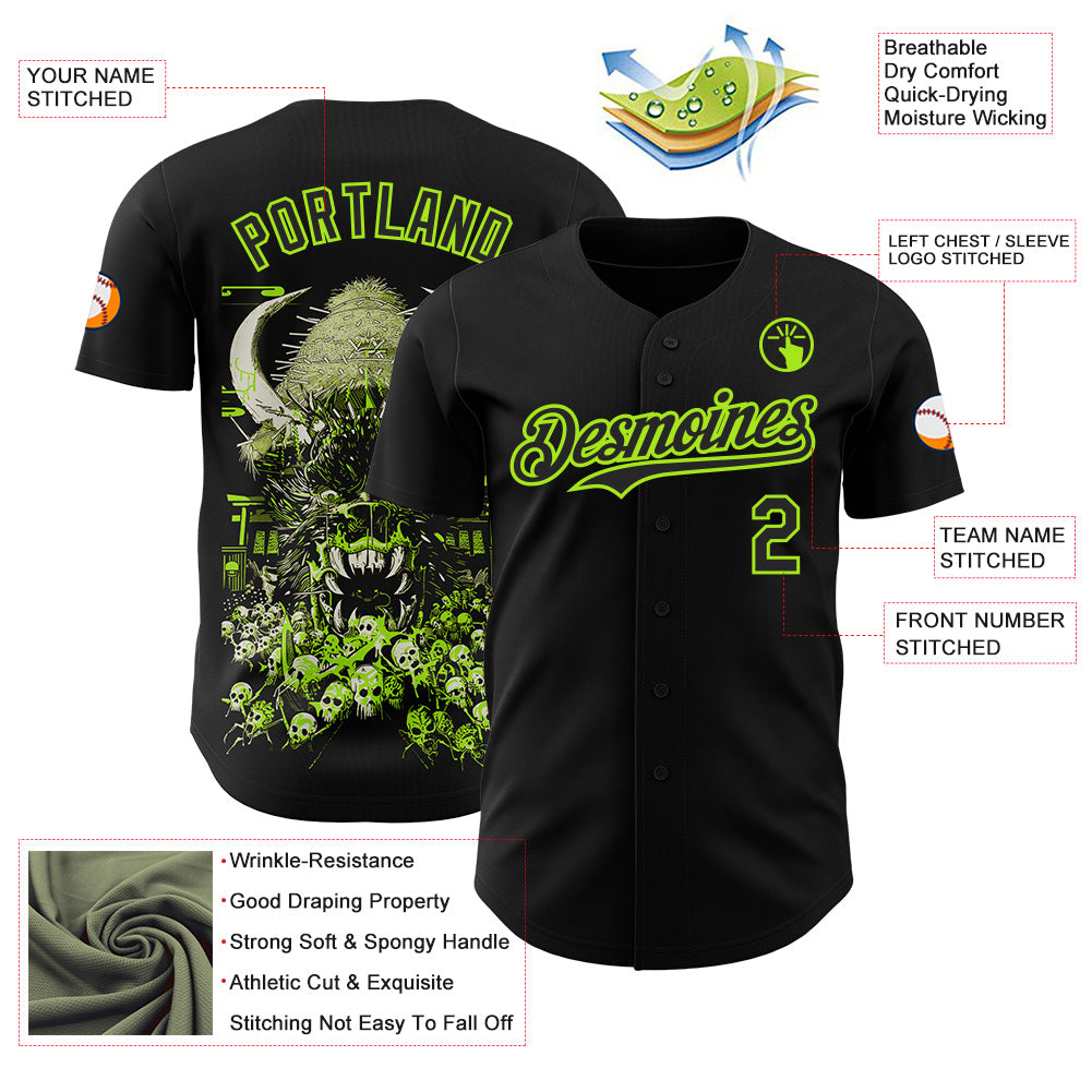 Custom Black-Neon Green Trippy Neon Monster Skull Authentic Baseball Jersey view 3