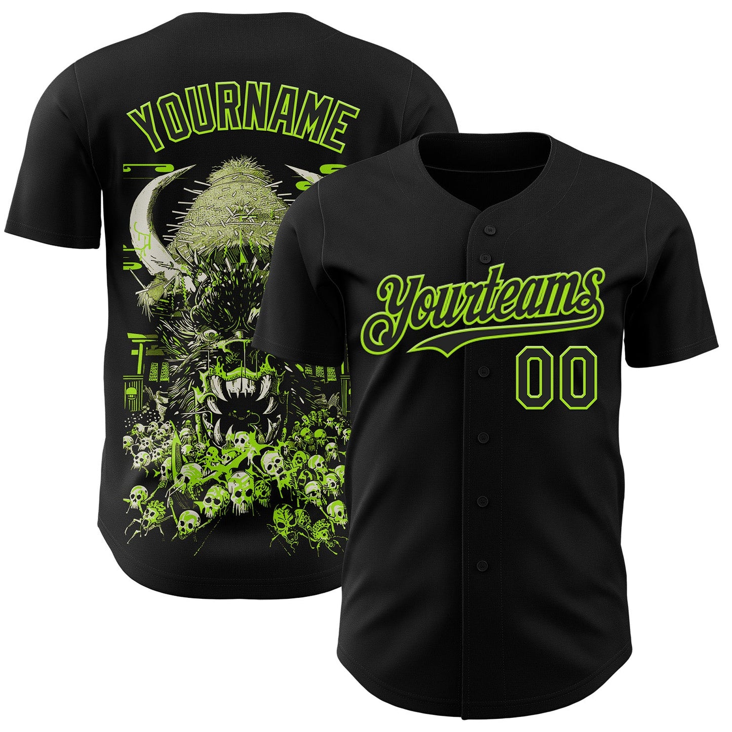 Custom Black-Neon Green Trippy Neon Monster Skull Authentic Baseball Jersey - Main View